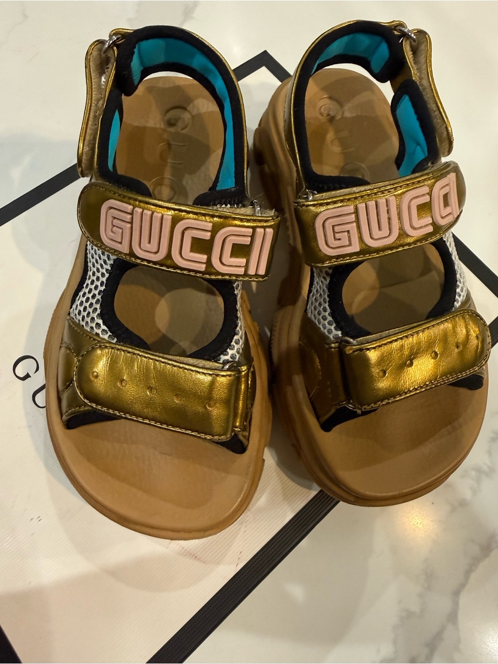 Gucci Kids Gold Sandals with Pink Logo Accents
